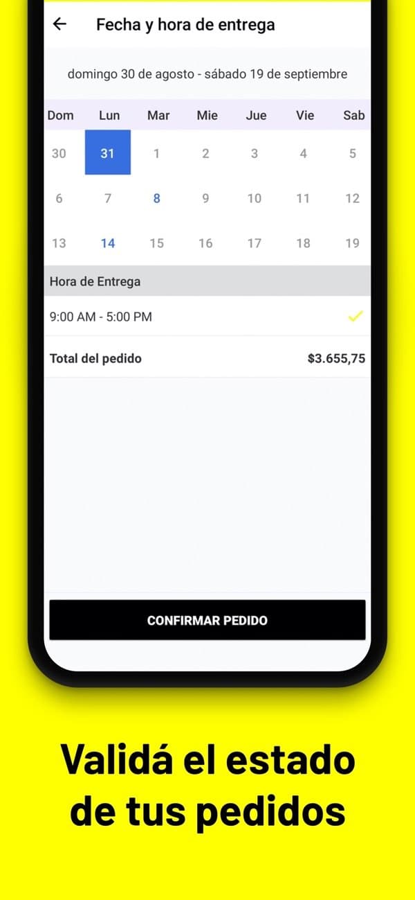 Pantalla para elegir la fecha de entrega en BEES